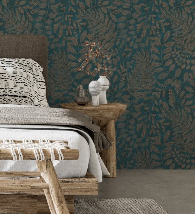 Papel pintado de hojas y helechos en tonos dorados y turquesa Tundra Leaves 683286