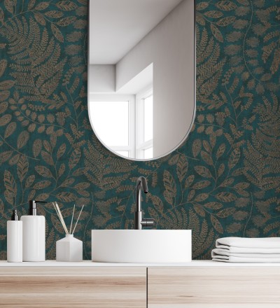 Papel pintado de hojas y helechos en tonos dorados y turquesa Tundra Leaves 683286