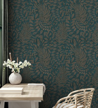 Papel pintado de hojas y helechos en tonos dorados y turquesa Tundra Leaves 683286