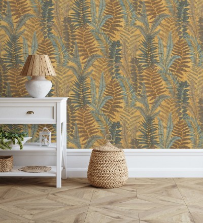 Papel pintado botánico de helechos con tonos verdes y amarillos Maui Paradise 683309