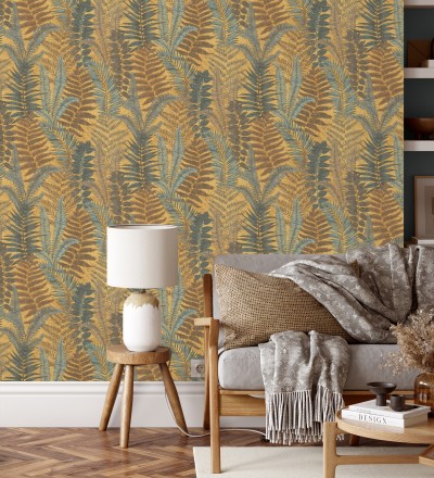 Papel pintado botánico de helechos con tonos verdes y amarillos Maui Paradise 683309