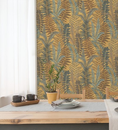 Papel pintado botánico de helechos con tonos verdes y amarillos Maui Paradise 683309