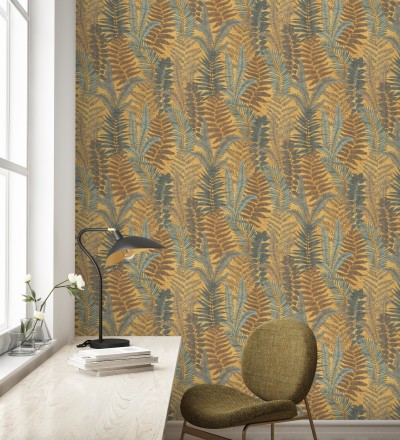 Papel pintado botánico de helechos con tonos verdes y amarillos Maui Paradise 683309