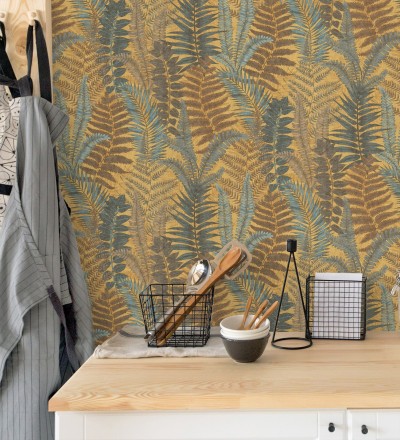 Papel pintado botánico de helechos con tonos verdes y amarillos Maui Paradise 683309