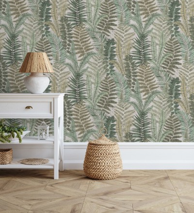 Papel pintado botánico de helechos con tonos beige grisáceo y verde Maui Paradise 683311