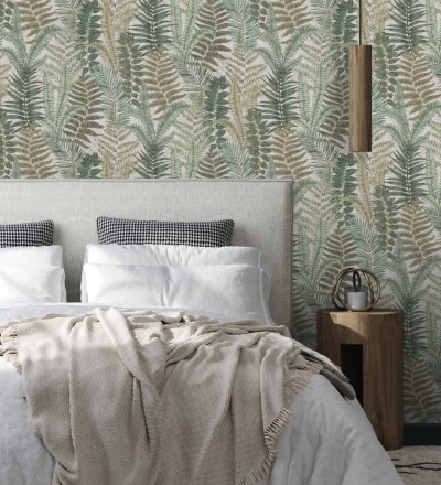 Papel pintado botánico de helechos con tonos beige grisáceo y verde Maui Paradise 683311