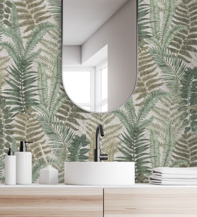 Papel pintado botánico de helechos con tonos beige grisáceo y verde Maui Paradise 683311