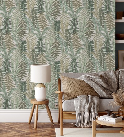 Papel pintado botánico de helechos con tonos beige grisáceo y verde Maui Paradise 683311