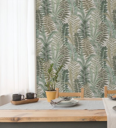 Papel pintado botánico de helechos con tonos beige grisáceo y verde Maui Paradise 683311