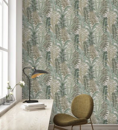 Papel pintado botánico de helechos con tonos beige grisáceo y verde Maui Paradise 683311