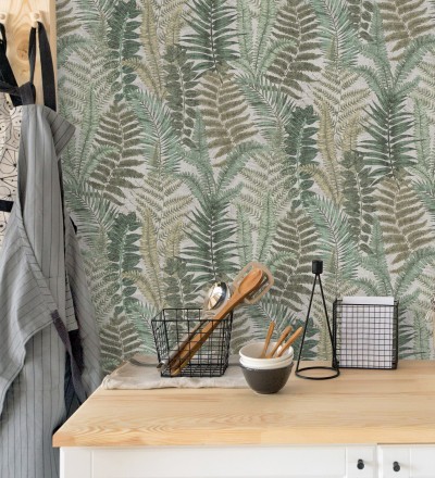 Papel pintado botánico de helechos con tonos beige grisáceo y verde Maui Paradise 683311