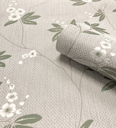 Papel pintado con flores sutiles blancas sobre un fondo trenzado de arpillera Miranda Flowers 683367