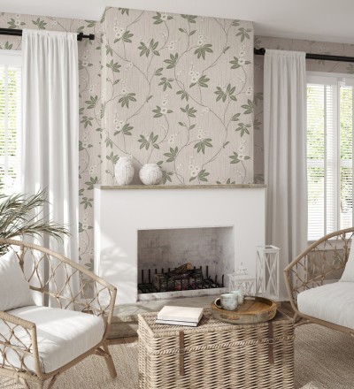 Papel pintado con flores sutiles blancas sobre un fondo trenzado de arpillera Miranda Flowers 683367