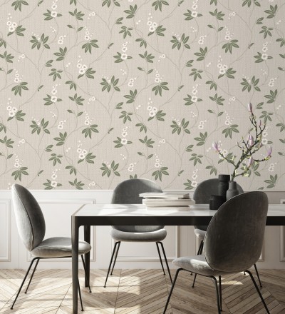 Papel pintado con flores sutiles blancas sobre un fondo trenzado de arpillera Miranda Flowers 683367