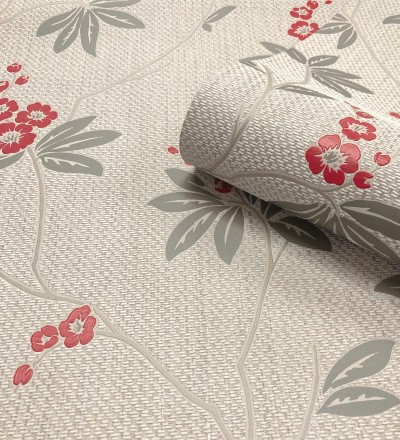 Papel pintado con flores sutiles rojas sobre un fondo trenzado de arpillera Miranda Flowers 683369