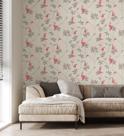 Papel pintado con flores sutiles rojas sobre un fondo trenzado de arpillera Miranda Flowers 683369