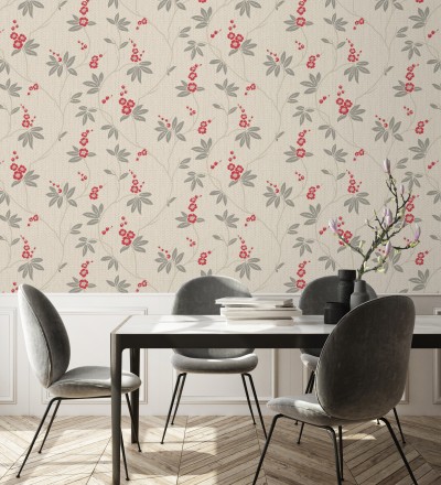 Papel pintado con flores sutiles rojas sobre un fondo trenzado de arpillera Miranda Flowers 683369