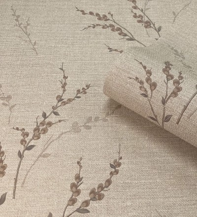 Papel pintado de rama de hojas estilo natural en fondo lino texturado Harvest Whisper 683391