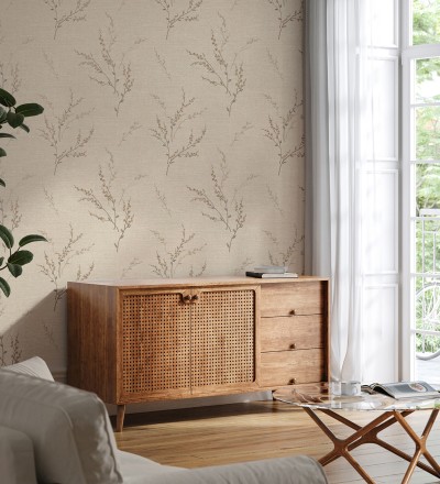 Papel pintado de rama de hojas estilo natural en fondo lino texturado Harvest Whisper 683391