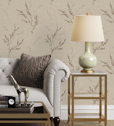 Papel pintado de rama de hojas estilo natural en fondo lino texturado Harvest Whisper 683391