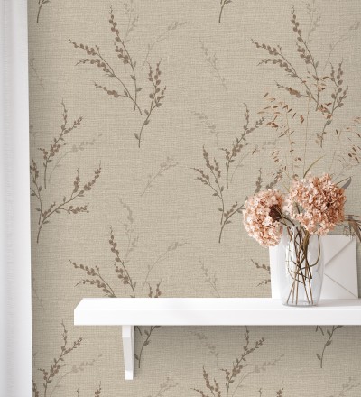 Papel pintado de rama de hojas estilo natural en fondo lino texturado Harvest Whisper 683391