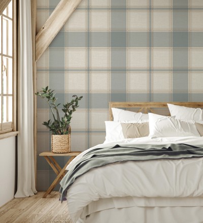 Papel pintado de cuadros escoceces en textura lino estilo natural Scottish Harland 683397