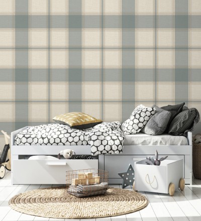 Papel pintado de cuadros escoceces en textura lino estilo natural Scottish Harland 683397