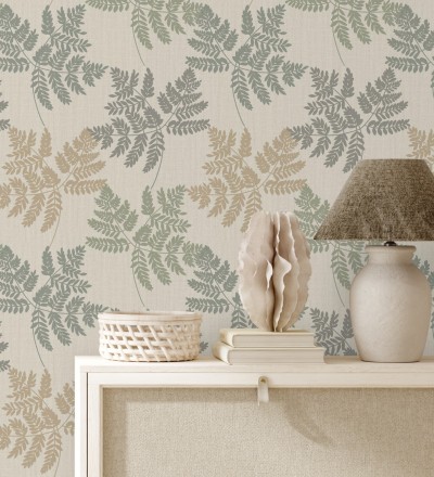 Papel pintado de hojas verdes y ocre con fondo de lino en tonos naturales Savoy Whisper 683519