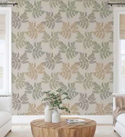 Papel pintado de hojas verdes y ocre con fondo de lino en tonos naturales Savoy Whisper 683519
