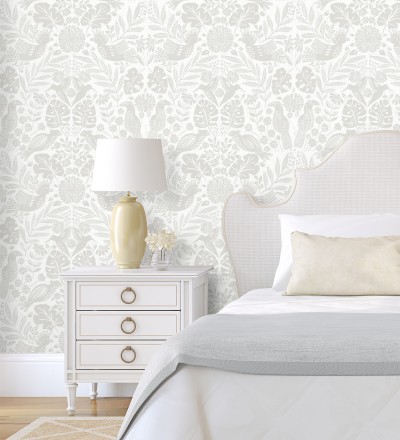 Papel pintado botánico con aves estilo étnico color beige Acapulco Birds 683148