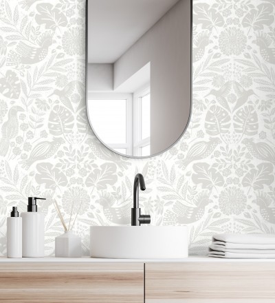 Papel pintado botánico con aves estilo étnico color beige Acapulco Birds 683148