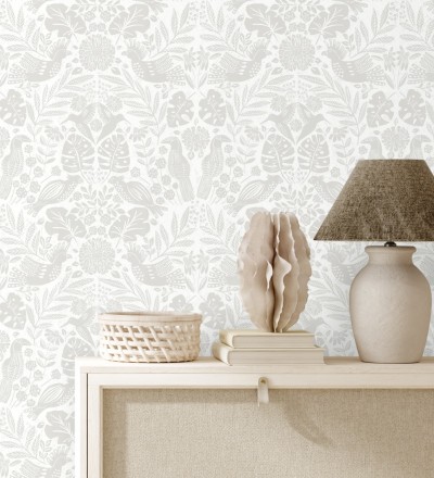 Papel pintado botánico con aves estilo étnico color beige Acapulco Birds 683148