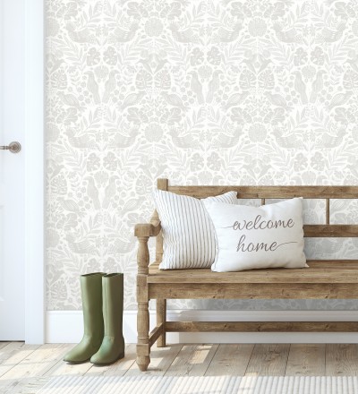 Papel pintado botánico con aves estilo étnico color beige Acapulco Birds 683148