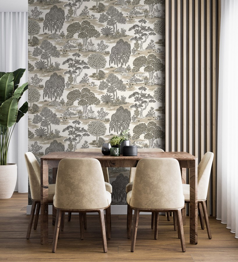 Papel pintado paisaje de árboles con diseño japonés estilo toile de jouy  Renoir Symphony 682904