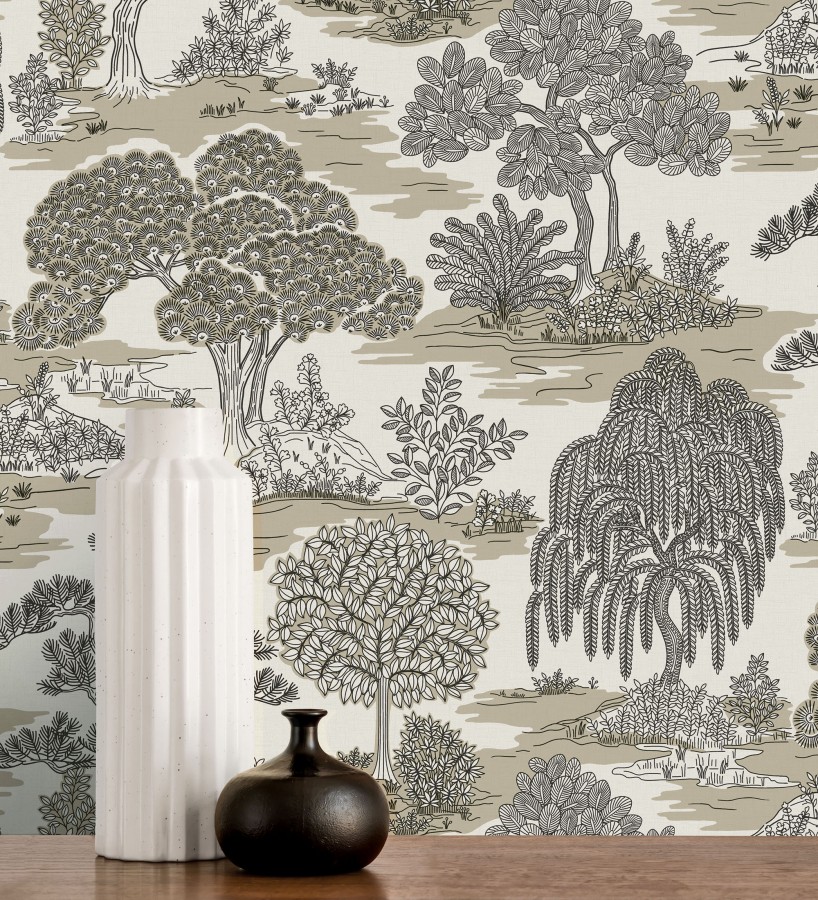 Papel pintado paisaje de árboles con diseño japonés estilo toile de jouy  Renoir Symphony 682904