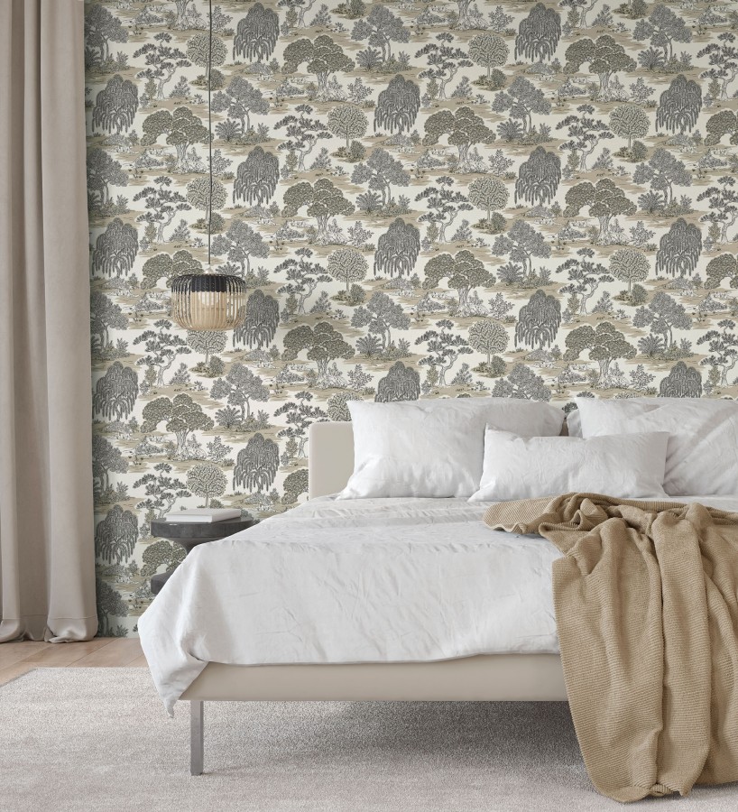 Papel pintado paisaje de árboles con diseño japonés estilo toile de jouy  Renoir Symphony 682904
