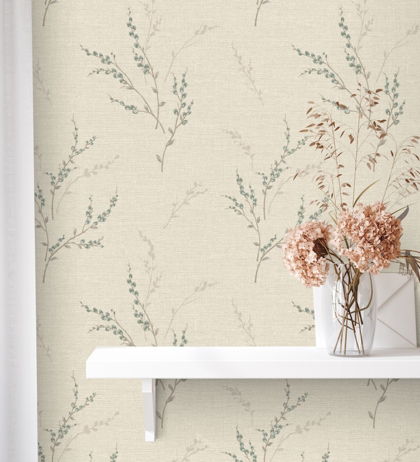 Papel pintado de rama de hojas estilo natural en fondo lino texturado  Harvest Whisper 683392