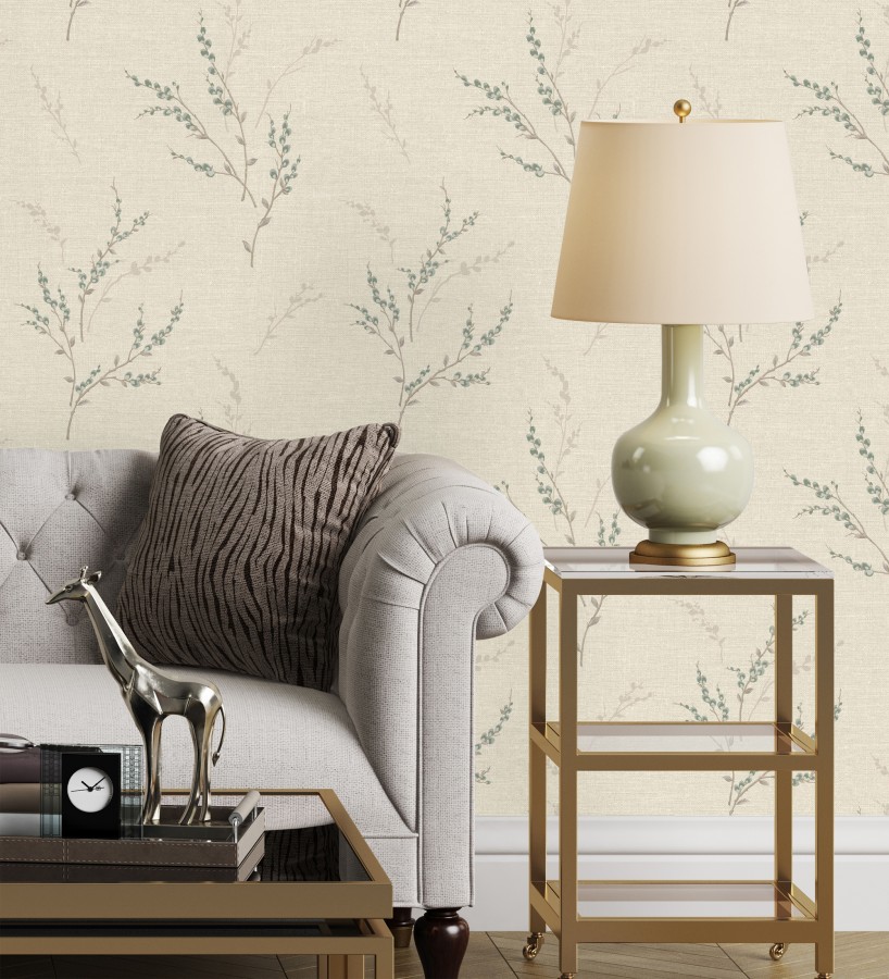 Papel pintado de rama de hojas estilo natural en fondo lino texturado  Harvest Whisper 683392