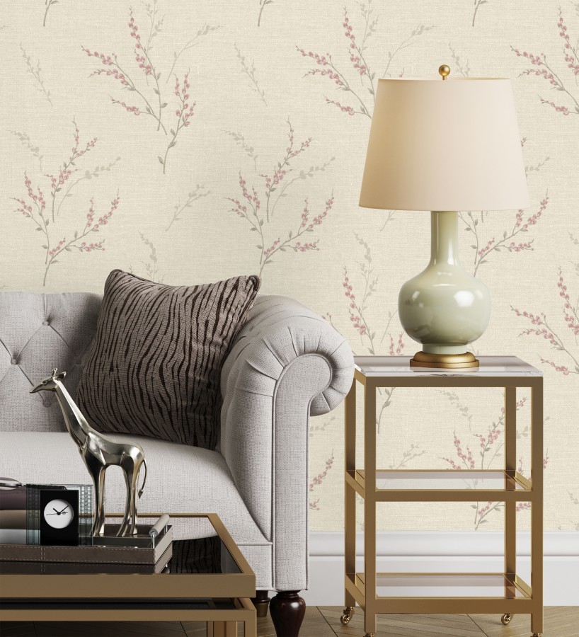 Papel pintado de rama de hojas estilo natural en fondo lino texturado  Harvest Whisper 683393