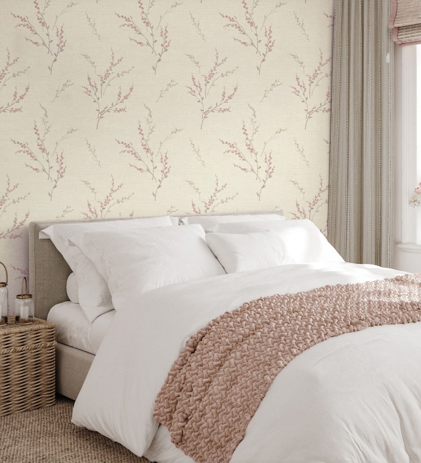Papel pintado de rama de hojas estilo natural en fondo lino texturado  Harvest Whisper 683393