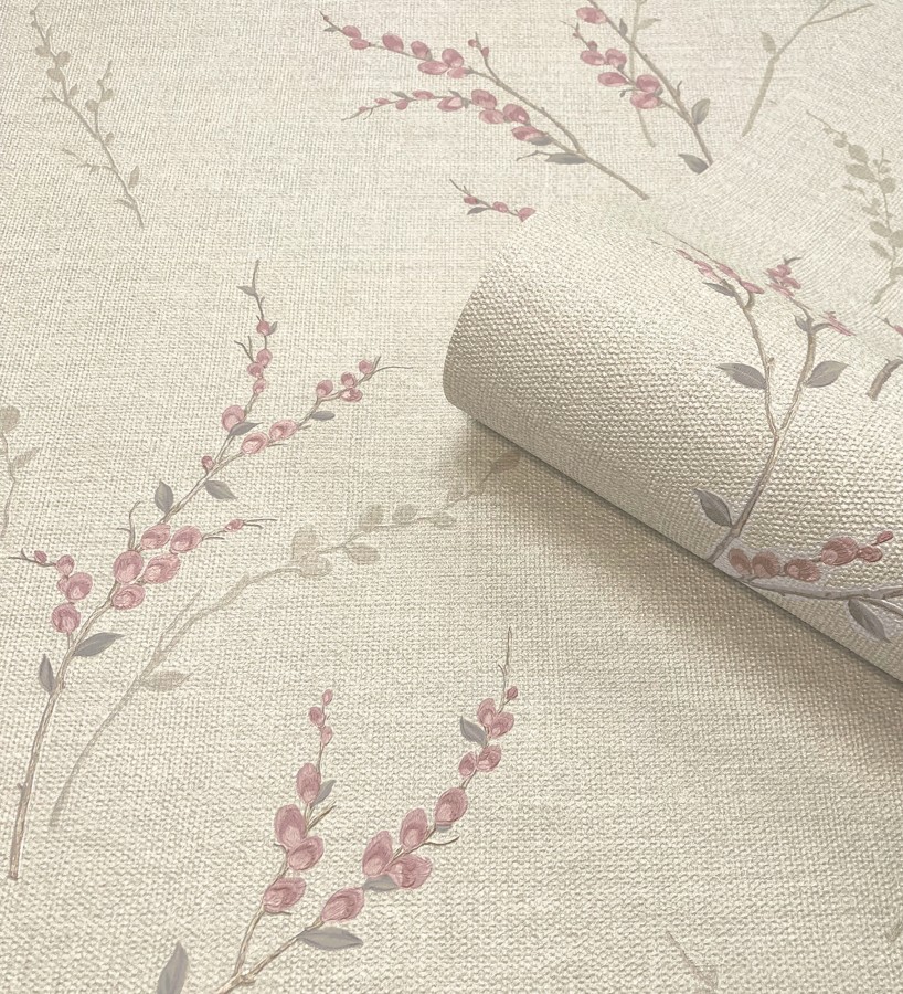 Papel pintado de rama de hojas estilo natural en fondo lino texturado  Harvest Whisper 683393