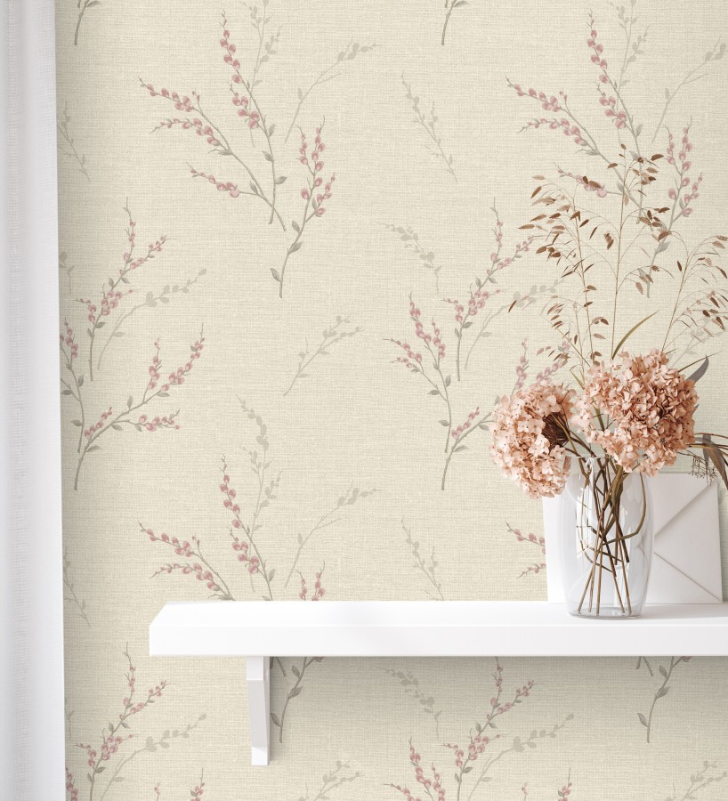 Papel pintado de rama de hojas estilo natural en fondo lino texturado  Harvest Whisper 683393