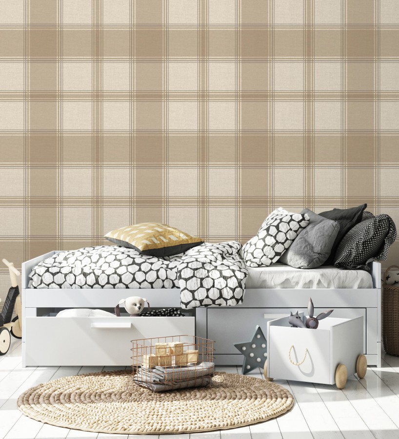 Papel pintado de cuadros escoceces en textura lino estilo natural  Scottish Harland 683398