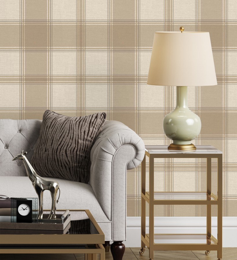 Papel pintado de cuadros escoceces en textura lino estilo natural  Scottish Harland 683398