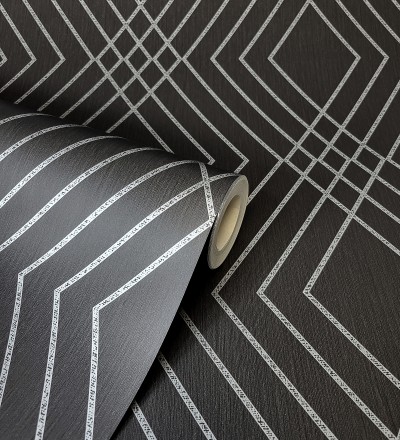 Papel pintado geométrico art déco fondo negro con líneas metalizadas en plata Clark Modern 683542