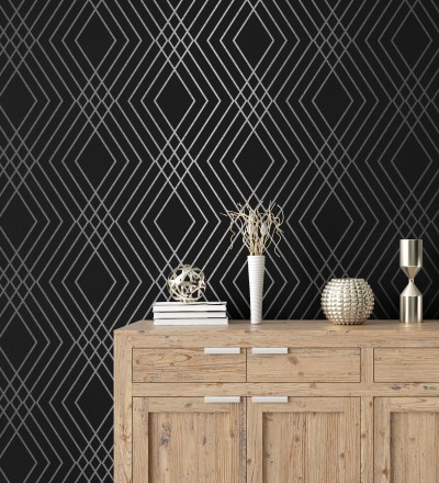 Papel pintado geométrico art déco fondo negro con líneas metalizadas en plata Clark Modern 683542
