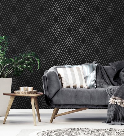 Papel pintado geométrico art déco fondo negro con líneas metalizadas en plata Clark Modern 683542