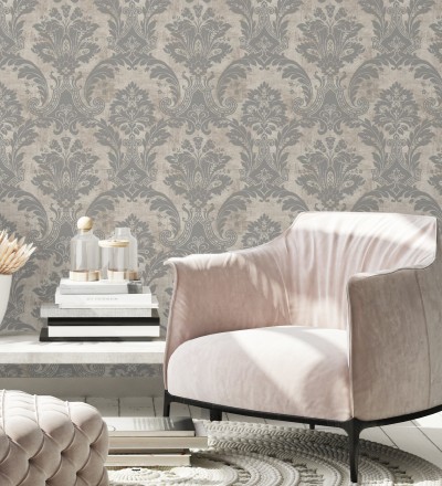 Papel pintado damasco metalizado fondo piedra natural Alessandro Sheen 683572