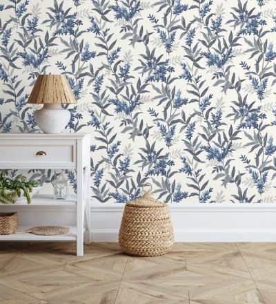 Papel pintado floral con hojas y ramas elegantes con tonos azules Lily Garden 683579