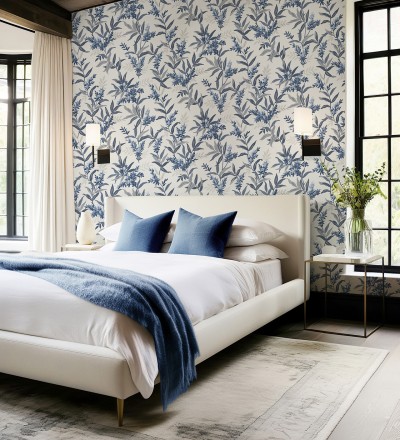 Papel pintado floral con hojas y ramas elegantes con tonos azules Lily Garden 683579